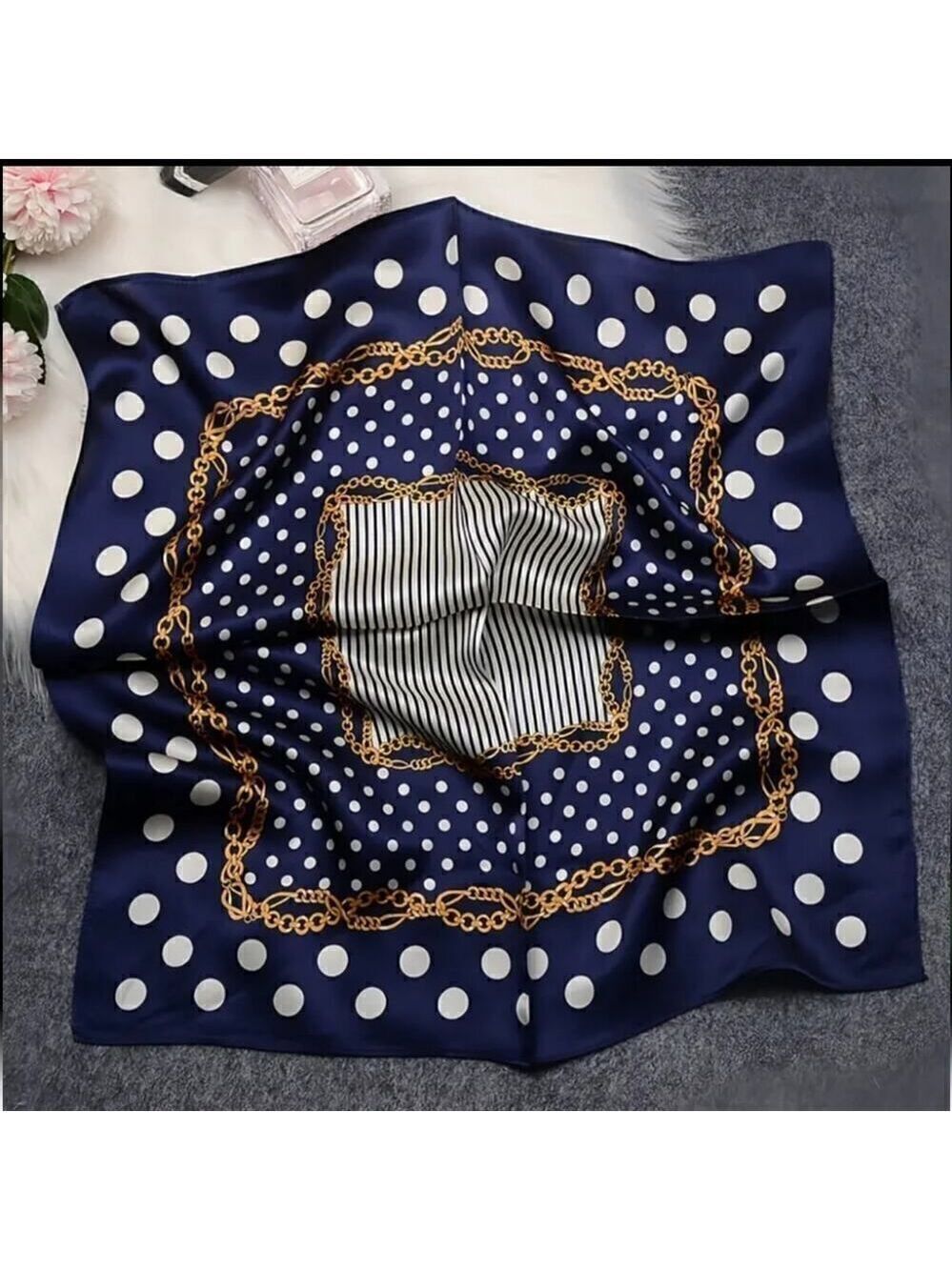 Women Silky Scarf Square Chain Print Polka Dot Navy Blue Head Scarf Satin Shawl